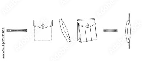 Fotografía Clothing pocket technical flat sketch templates showing fashion apparel construction details of zippers, buttoned patch style, cargo bellows and welt pockets for designer manufacturing tech pack