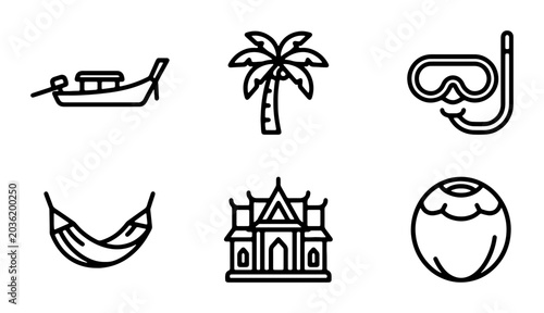 Schilderij op canvas Tropical Vacation Icons: Longboat, Palm Tree, Snorkel, Hammock, Temple, Coconut