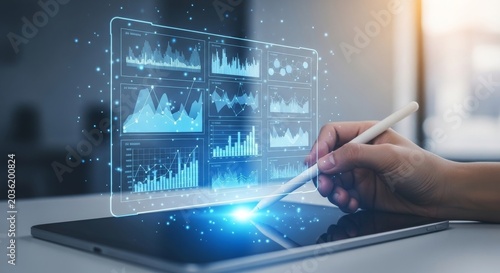 Hand drawing digital e-commerce hologram on transparent tablet with futuristic interface