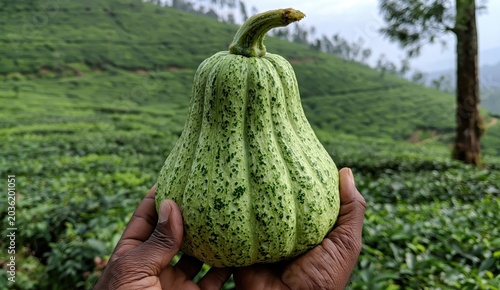 Farmer holding fresh green bottle gourd in agricultural field surrounded by lush plantation under natural daylight Concept of organic farming