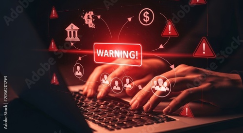 Financial crisis warning on laptop with red glowing market icons and risk symbols
