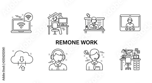 Remote work concept illustration of laptop computers and people icons