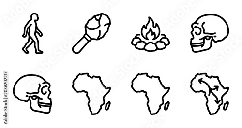 Quadro em tela Evolutionary Journey Icons: Human Ancestry, Africa Map, Fire, Skulls, Tools