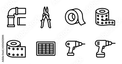 Foto Plumbing, Tools, and Construction Icons: Pipe Elbow, Tin Snips, Tape Rolls, Dril