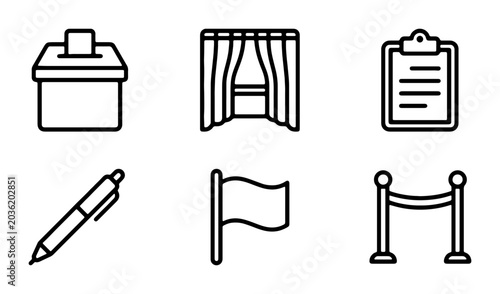 Canvastavla Election Icons Set: Ballot Box, Voting Booth, Clipboard, Pen, Flag, Barrier Stan
