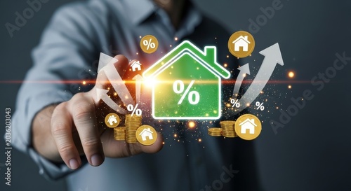 Business professional holding glowing house with rising interest rate icons and gold coins