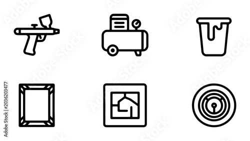 Foto Airbrush, Compressor, Paint Can Icons: Art Tools, Craft Supplies, DIY Project Gr