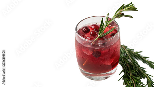 Vászonkép Glass of fresh red berry cocktail juice with rosemary isolated on transparent ba