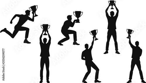 Fotografija Seven black silhouettes of people in various celebratory poses, each holding a trophy cup