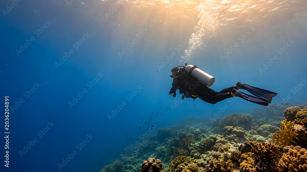 Fototapeta premium Scuba Diver Above a Tropical Reef with Open Blue Water and Sun Rays
