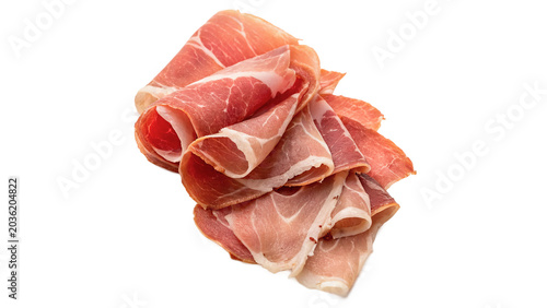 Schilderij op canvas Slices of gourmet Italian prosciutto crudo dry cured ham on transparent backgrou