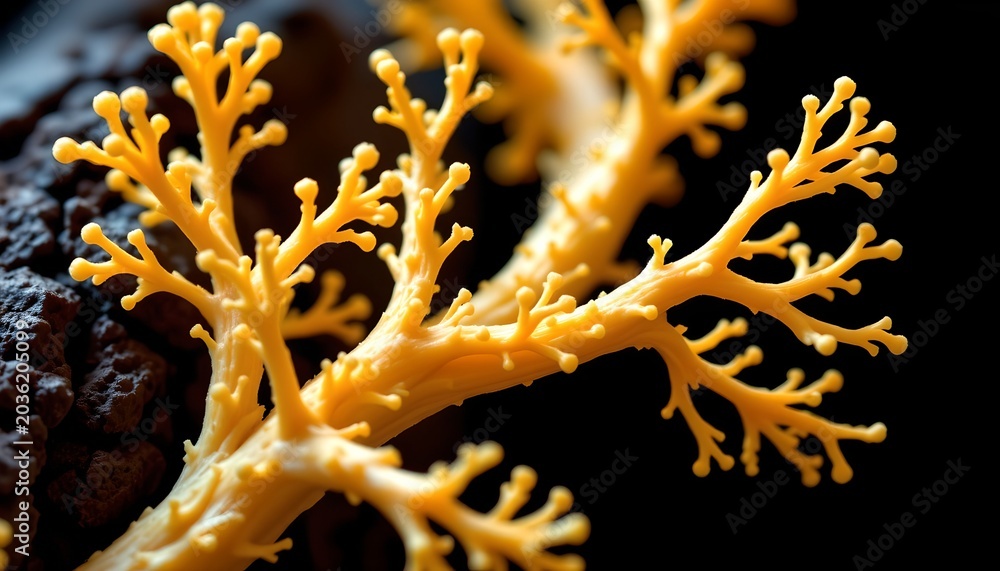 Naklejka premium The image features a close up of a vibrant yellow coral like structure with intricate branching patterns