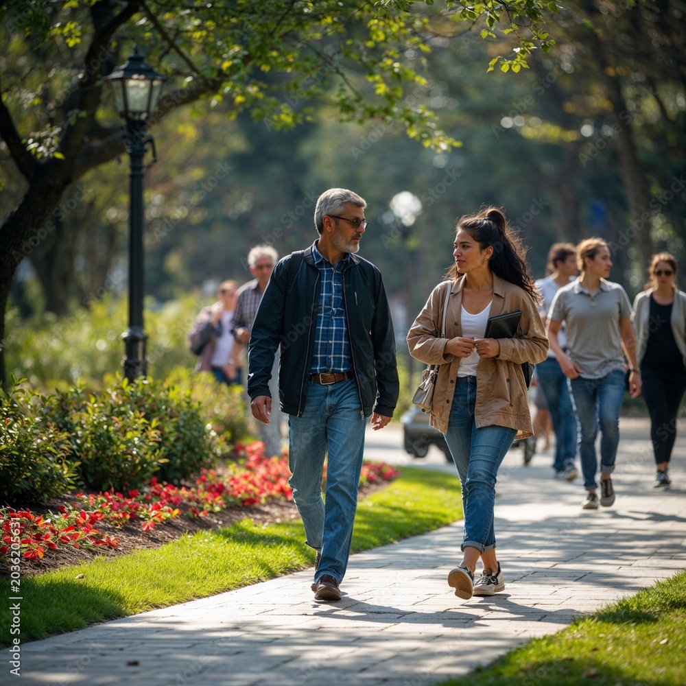 Obraz premium Mature Indian father and young adult daughter walking together in a beautiful sunny public park, healthy lifestyle concept.