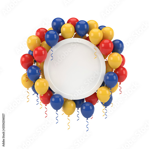 round frame of colorful balloons, red blue yellow, birthday party, celebration, greeting, festive decor.