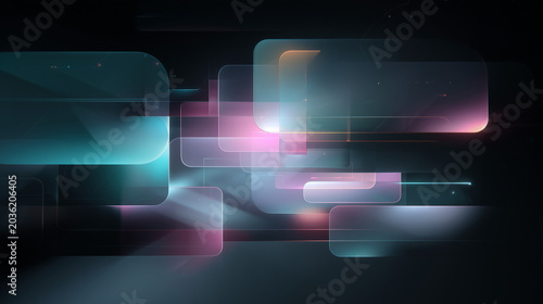 Sleek, futuristic technological shapes glowing with cyan and magenta light.