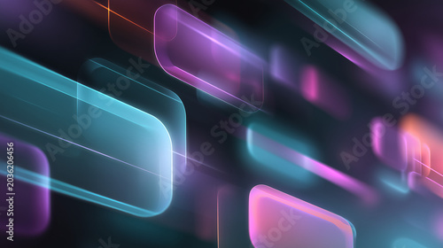 Sleek, futuristic technological shapes glowing with cyan and magenta light.