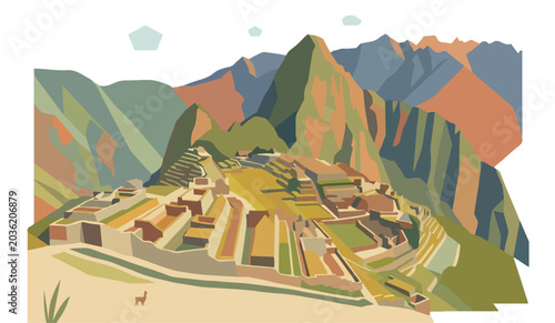 Photos Flat minimalist vector illustration of Machu Picchu, geometric mountain scenery,