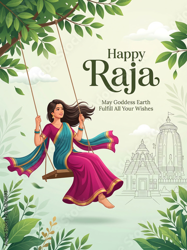 Woman in traditional indian attire swinging on a rope swing with temple background celebrating raja festival