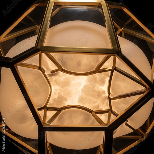 Golden stained glass lamp shade, geometric pattern, illuminated light fixture, decorative interior design element