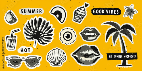 Tablou pe pânză Summer themed collage with tropical elements and hand drawn style illustrations