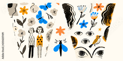 Foto Floral and figurative collage illustration with butterflies and human figures