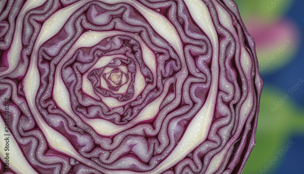 Obraz premium Red cabbage cross section macro with intricate purple and white labyrinth pattern