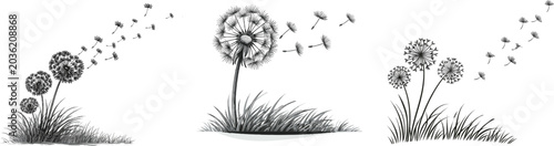 A minimalist black ink illustration of dandelion seeds and creeping grass on a crisp white background, ideal for clean vector tracing