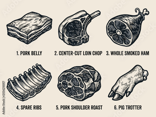 Linocut style pork cut illustration set with belly, loin, ham, rib, shoulder, and trotter on cream background