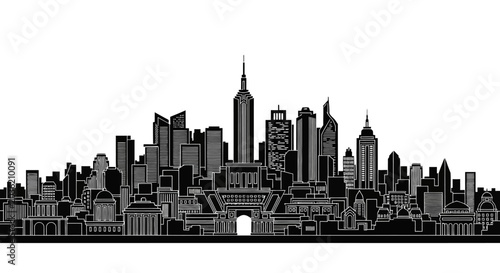 Black and white city skyline silhouette with detailed urban buildings