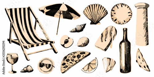 Tableau sur toile Summer Leisure Objects Beach Chair Seashells And Wine Glass Illustration