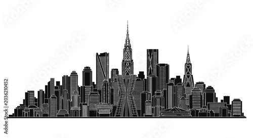 Black and white city skyline silhouette with detailed skyscrapers