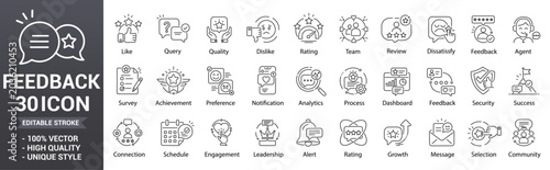 Feedback line icon set, including editable outline satisfaction, communication, survey, rating, support, advise, analytics, and more collection vector illustration.