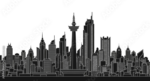 Black and white city skyline silhouette with modern skyscrapers