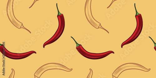 Seamless pattern of hand drawn red hot chilli cayenne pepper and its outline on a beige background