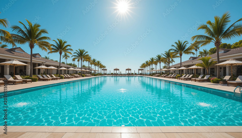 Fototapeta premium Luxury resort swimming pool with clear turquoise water, surrounded by palm trees and sun loungers under bright sunlight, creating a tropical paradise atmosphere