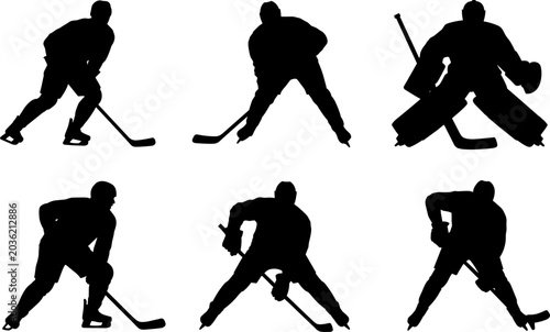 Photography Ice Hockey Player Silhouette Collection Featuring Goalie Defense and Stick Handl