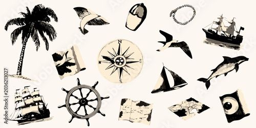 Fotografia Nautical Illustration Collage With Palm Tree Compass And Sailing Ship