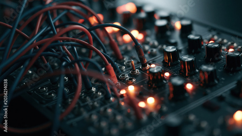 Intricate analog synthesizer module with glowing orange lights
