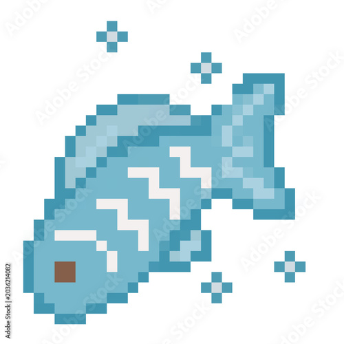 Blue koi fish or traditional carp animal icon pixel art illustration