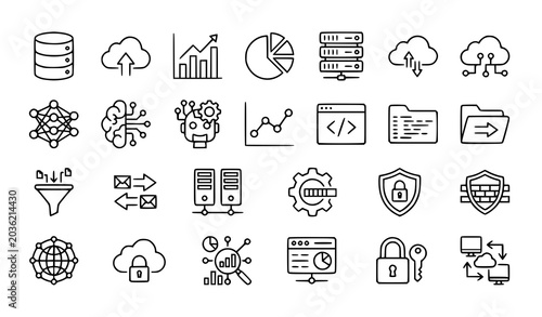 Data analytics and information technology line icon set vector illustration
