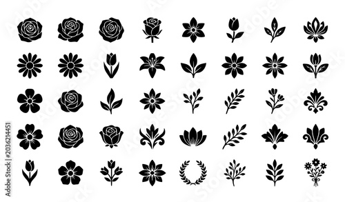 Elegant black flower icon set minimalist botanical vector illustration