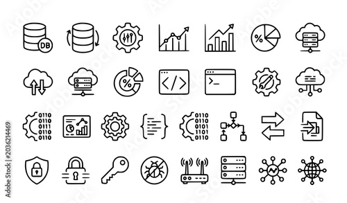 Professional data and information technology outline icon set vector illustration