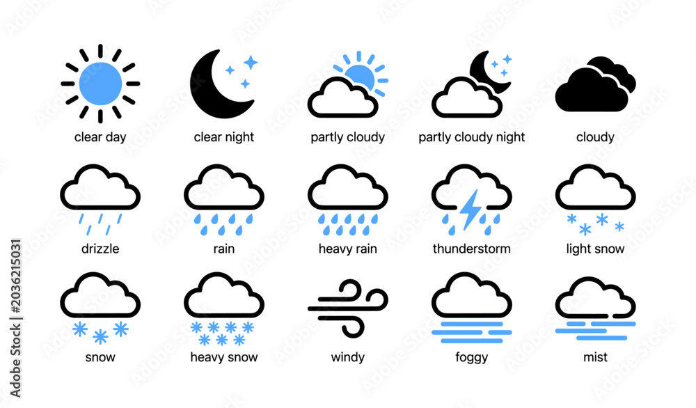 Obraz premium Weather condition icons showing various forecasts on white background