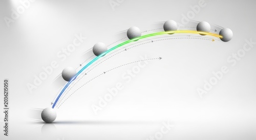 Curved trajectory of motion with several spheres and colorful path.