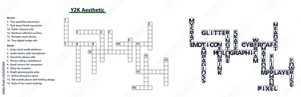 Fototapeta premium Crossword puzzle template with blank squares and clues displayed 