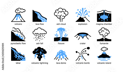 Volcano icons showing eruption features and volcanic elements