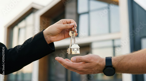 Handing Over House Keys with Keychain to New Homeowner Housewarming Concept