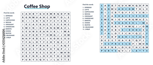 Obraz na plátně Coffee shop word search puzzle with highlighted answers and clues