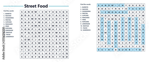 Street food word search puzzle with highlighted words   