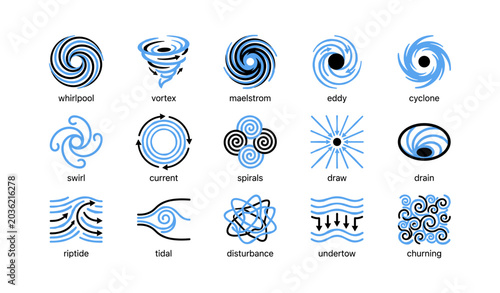 Water swirl and vortex icons arranged on white background